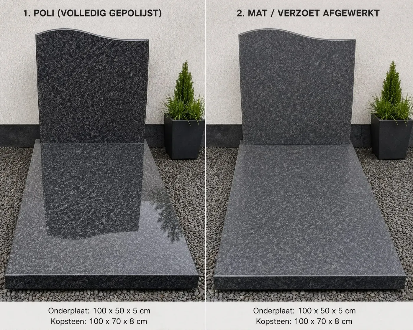 Vergelijking van afwerkingen: volledig gepolijst naast mat of verzoet afgewerkt monument
