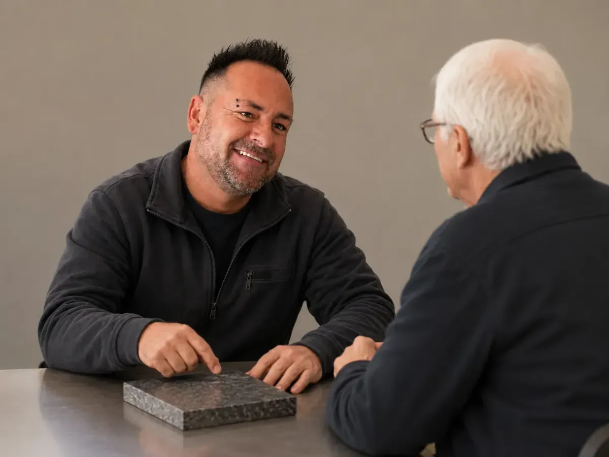 Een rustig gesprek aan tafel in het atelier