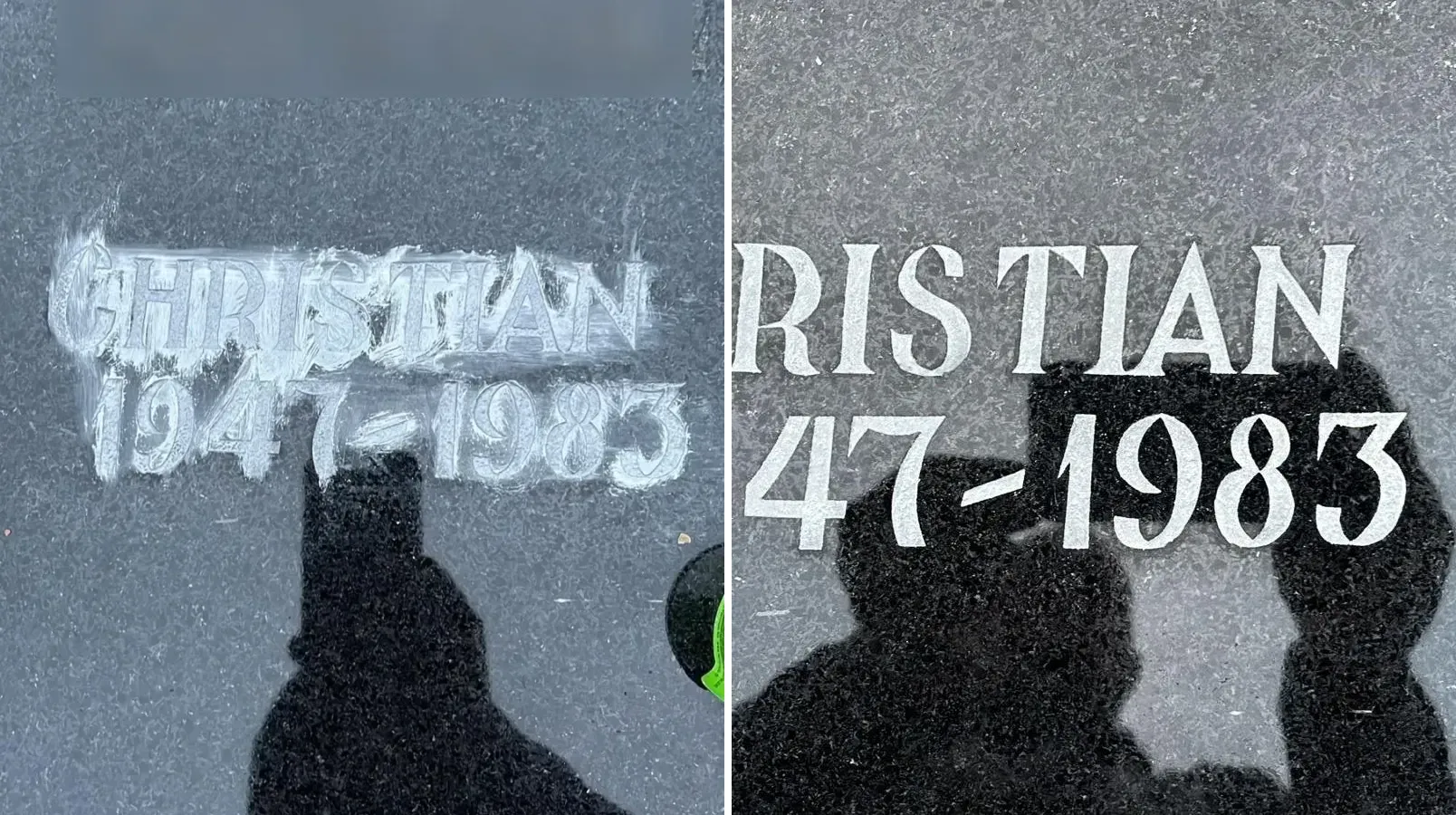 Letters op een grafsteen tijdens en na het herinkleuren, voor en na naast elkaar