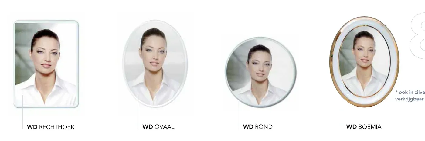 Porseleinen fotoplaatjes uit de Rust-catalogus: rechthoek, ovaal, rond en met sierrand