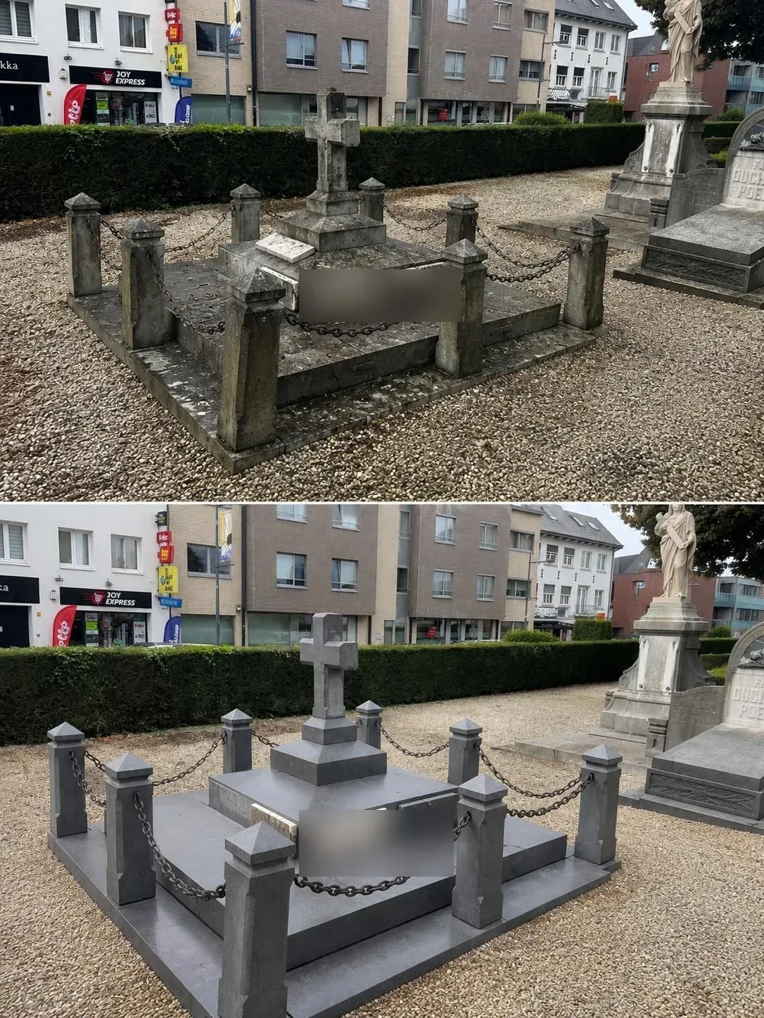 Grafmonument voor en na de reiniging en restauratie door GranietFix
